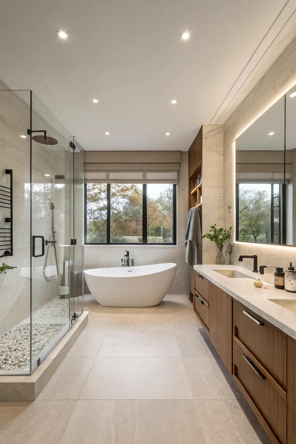 Understated decoration emphasizes the beauty of a modern primary bathroom.