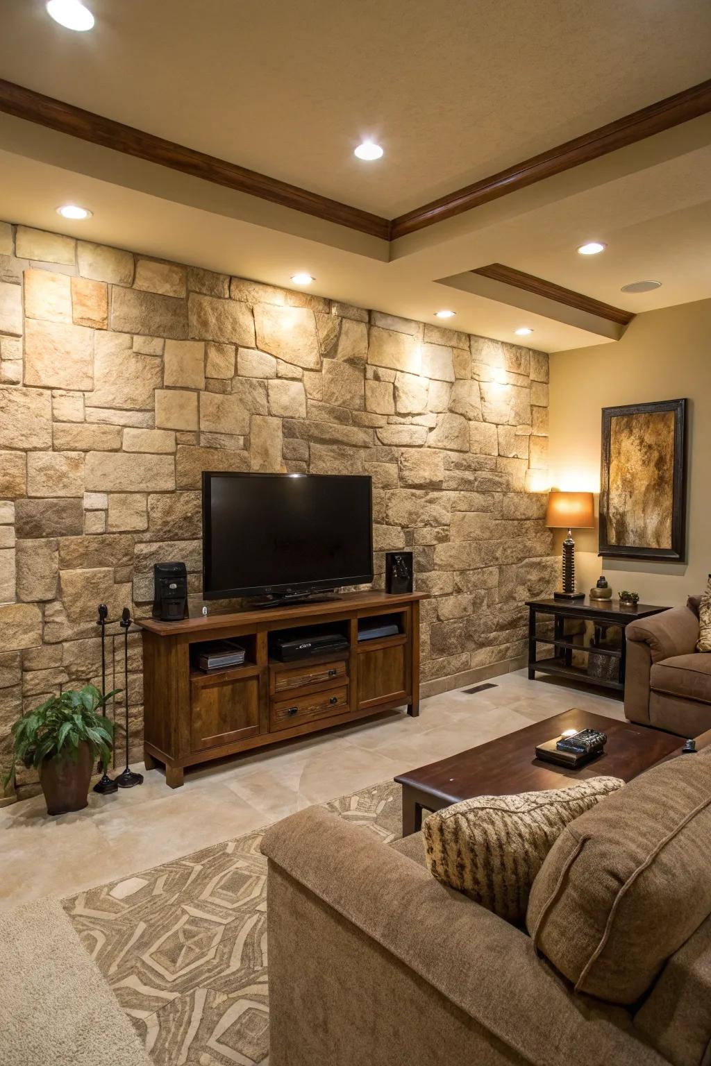 A textured stone canvas infuses profoundness and visual intrigue into a media wall.