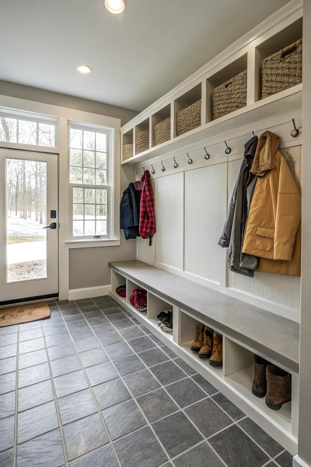 Durable flooring is essential for a functional mudroom.
