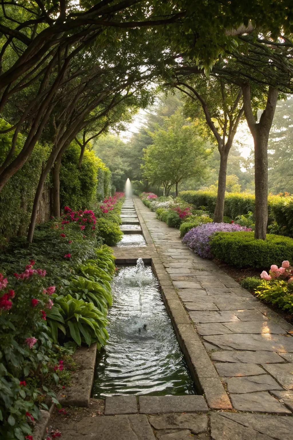 A garden path accompanied by a calming water element for added serenity.