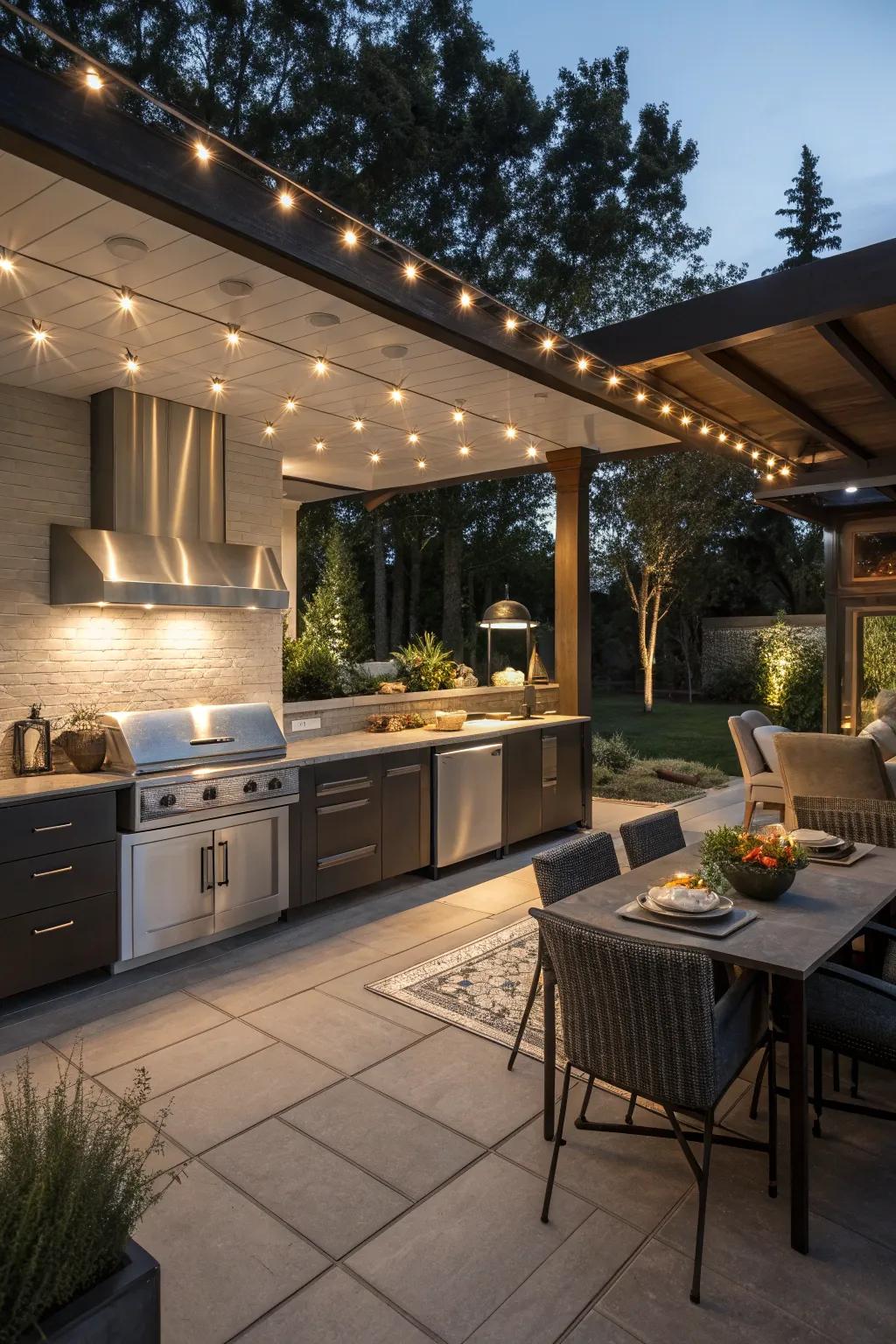 Ambient illumination that enhances the atmosphere of an evening outdoor cooking area.