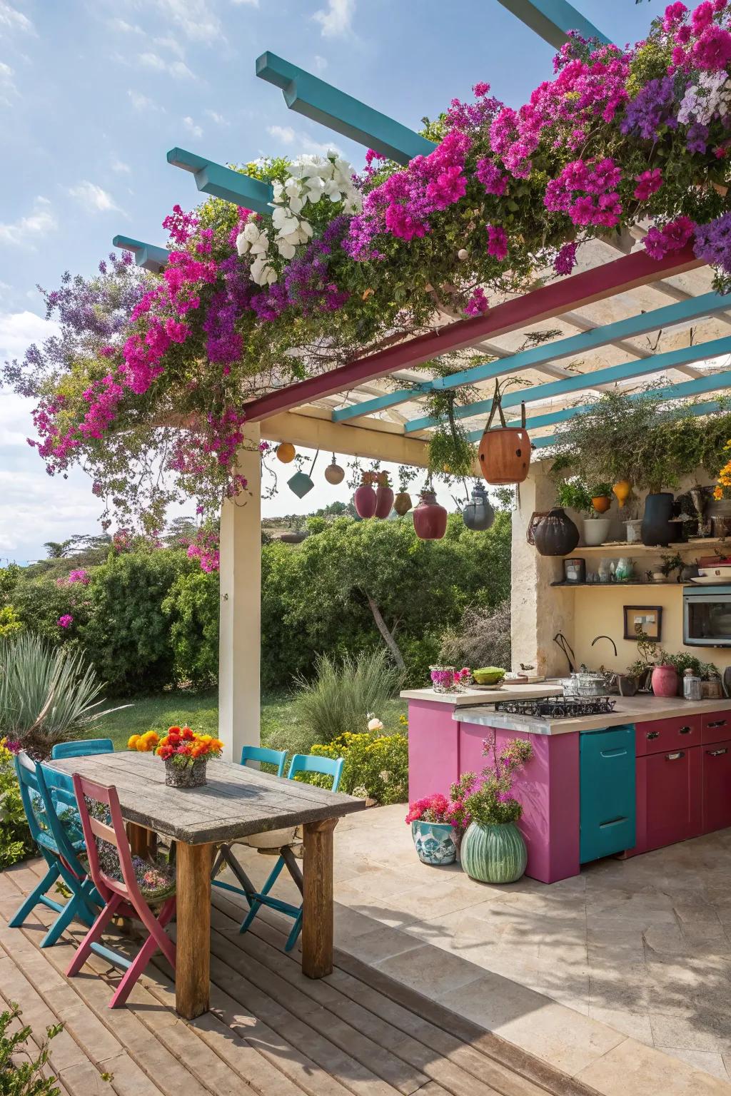 Brightly-colored structure making a statement over an outdoor kitchen.