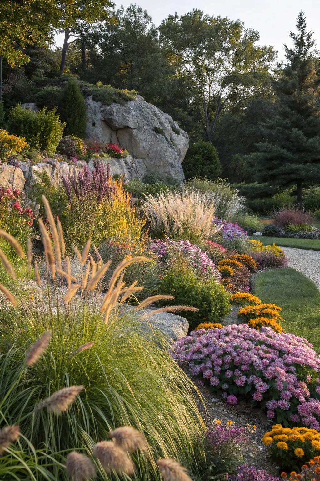 A variety of plants injects vibrancy and vitality into your stone display.