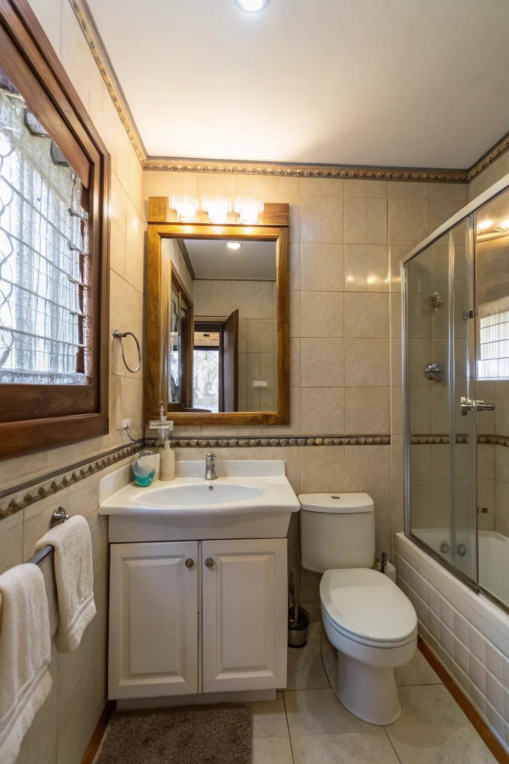 Looking-glasses enhance the perception of area inside this compact bathroom.