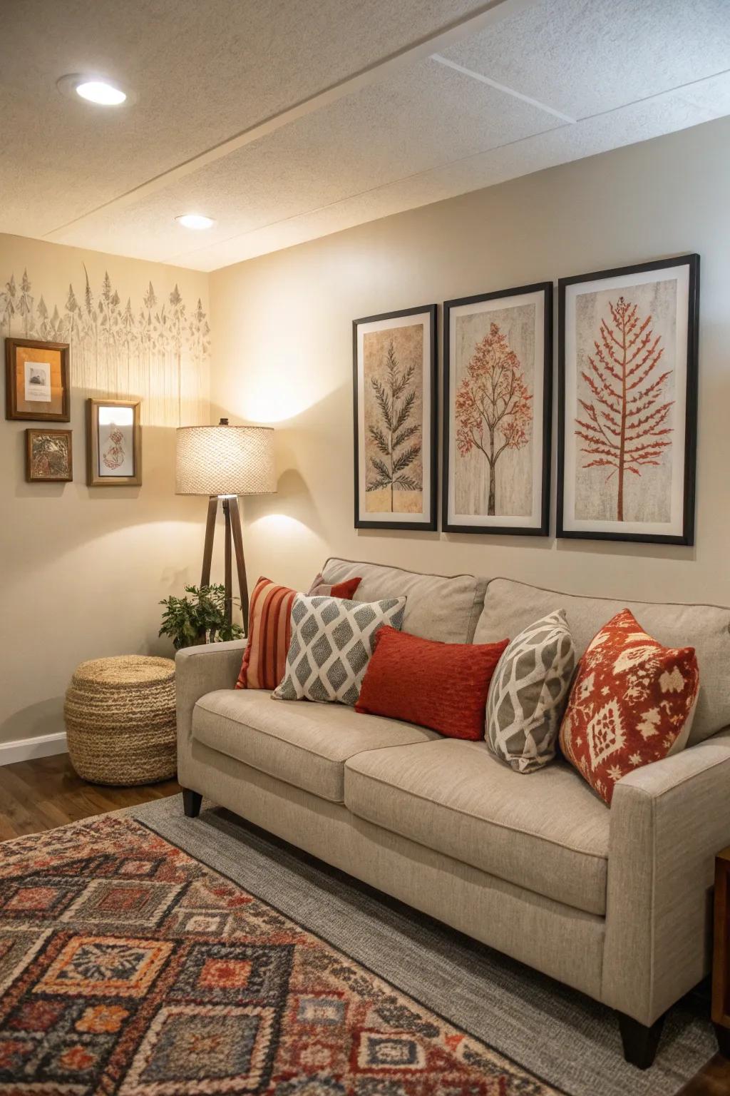 An accent wall and showpiece artwork in a small gathering spot.