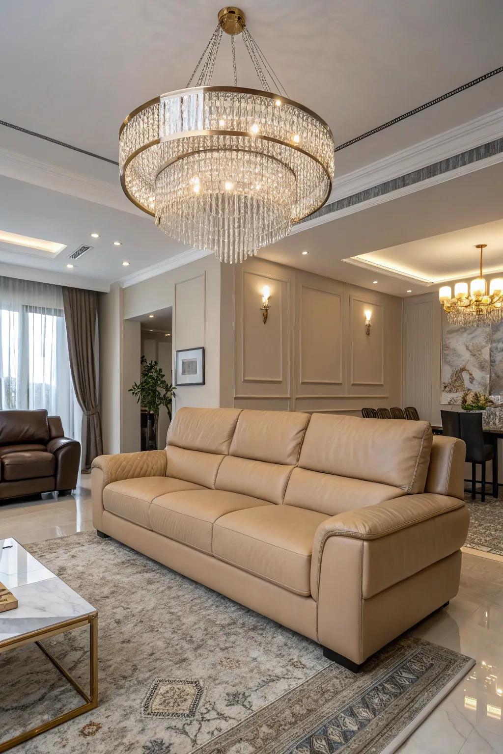 Statement illumination accentuates the attractiveness of a fawn hide couch.