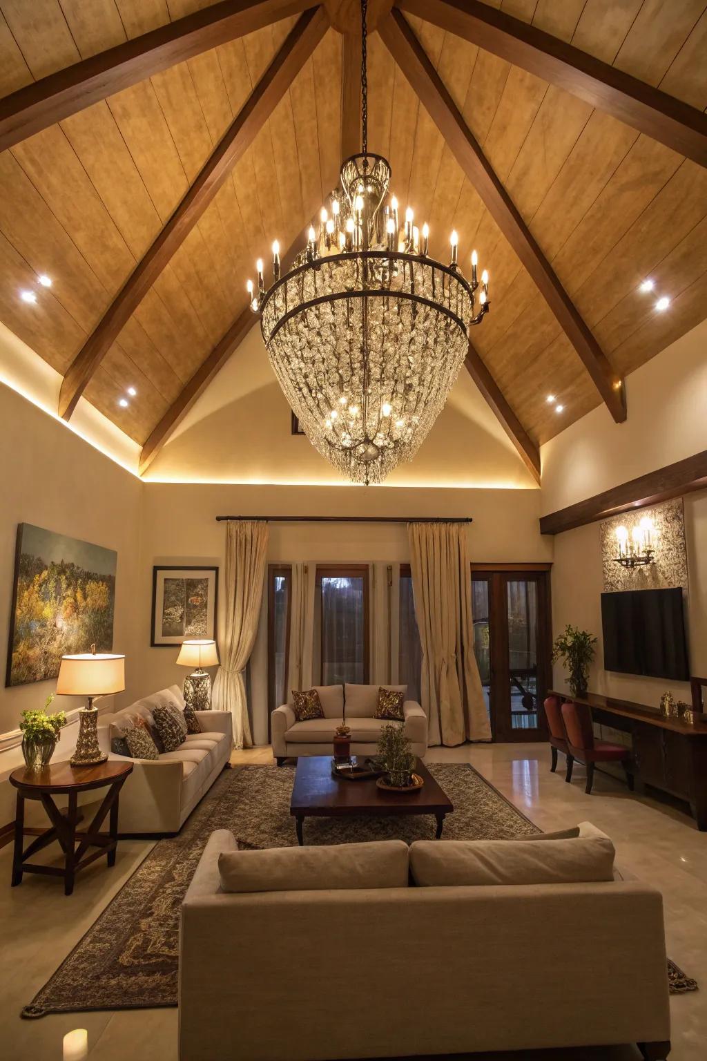A stunning chandelier enhances the grandeur of this vaulted ceiling space.
