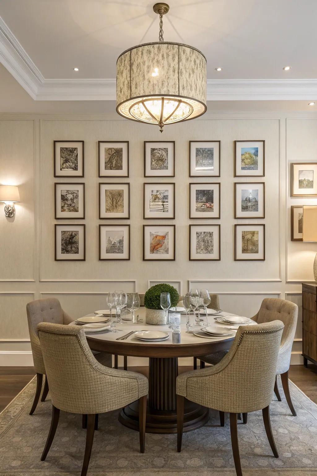 Equal art layout gives balance to an eating area.