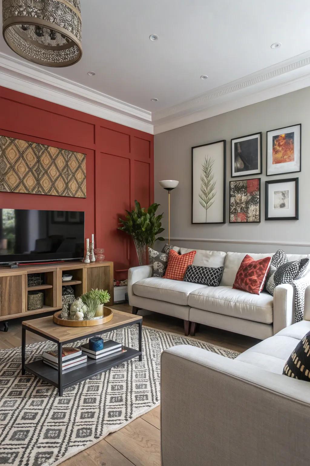 A striking accent wall becomes the focal point in a living room.
