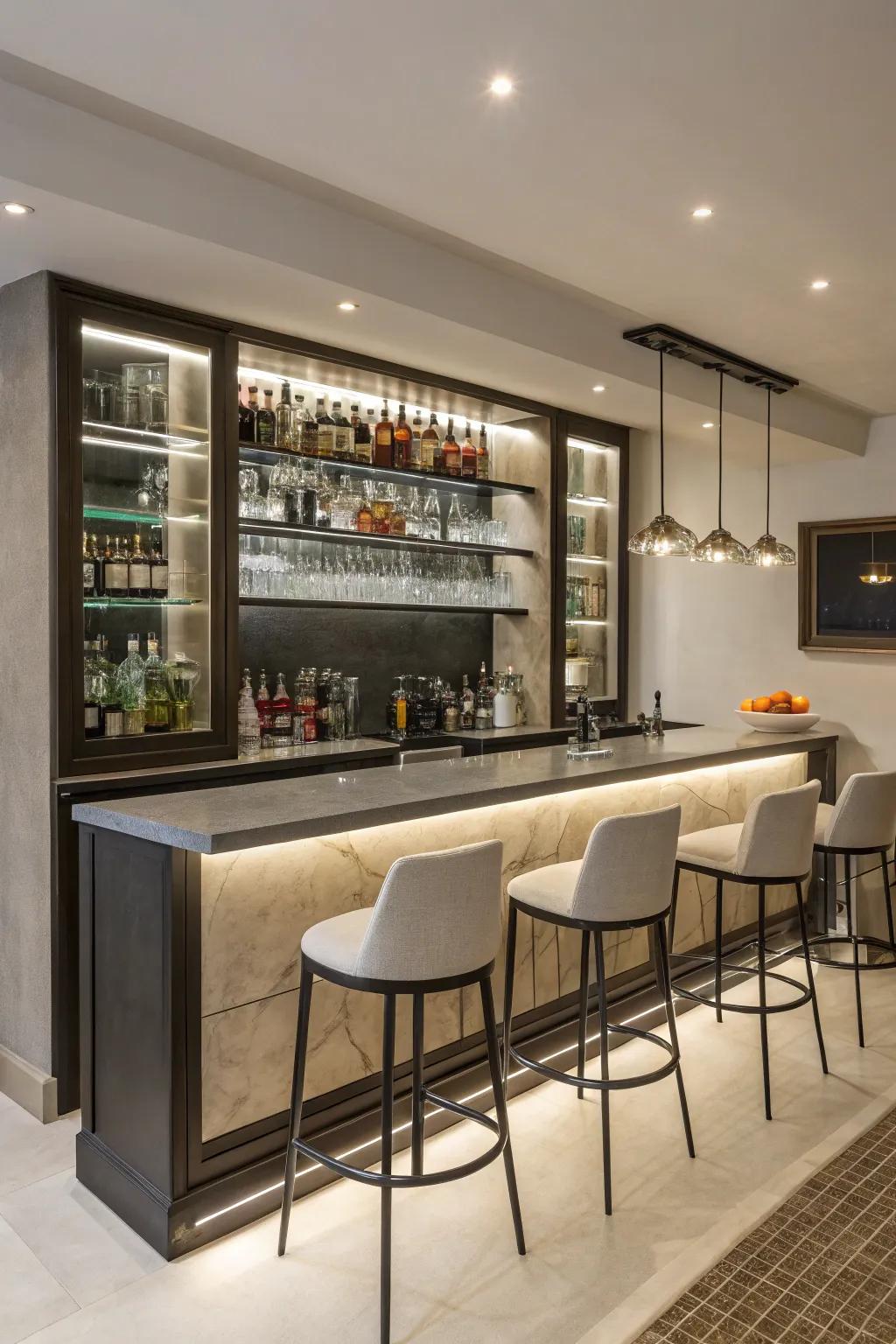 Minimalist ornamentation accentuates the essentials of your home bar.