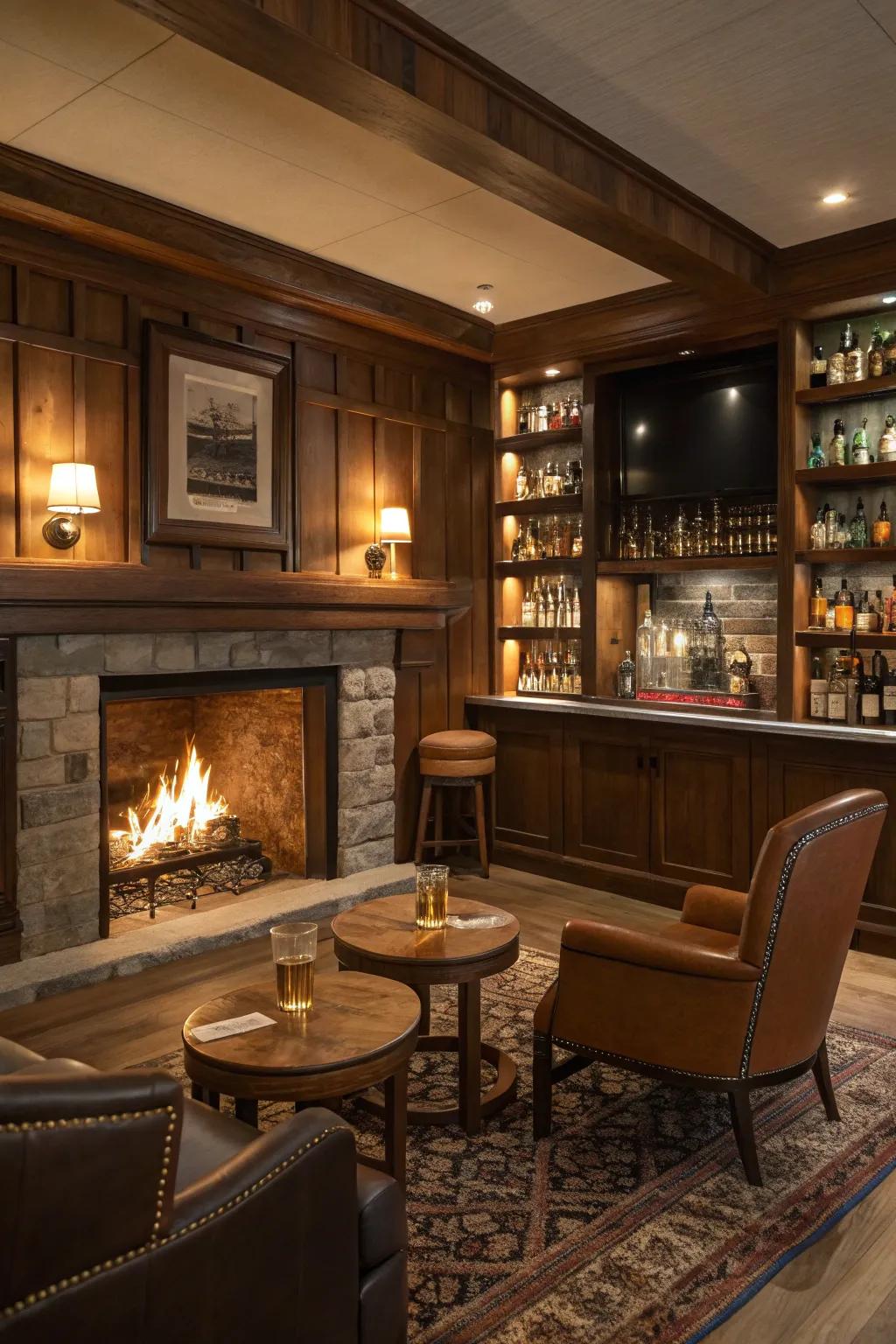 A fireplace adds warmth and charm, enhancing the area’s cozy atmosphere.