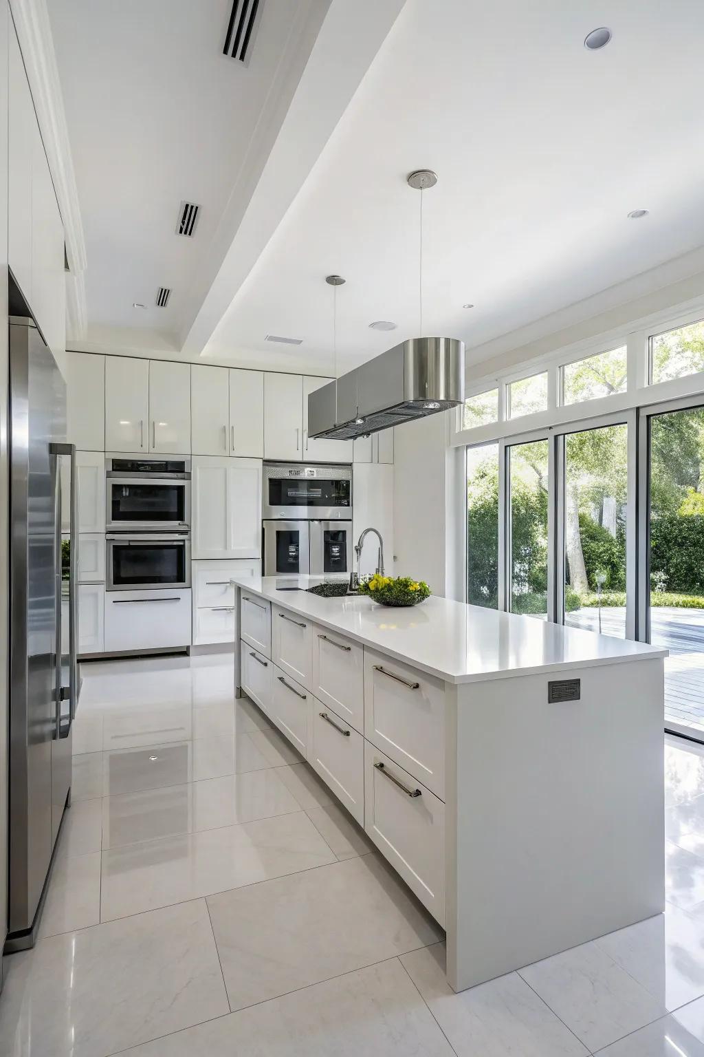 Built-in appliances keep the kitchen's clean look.