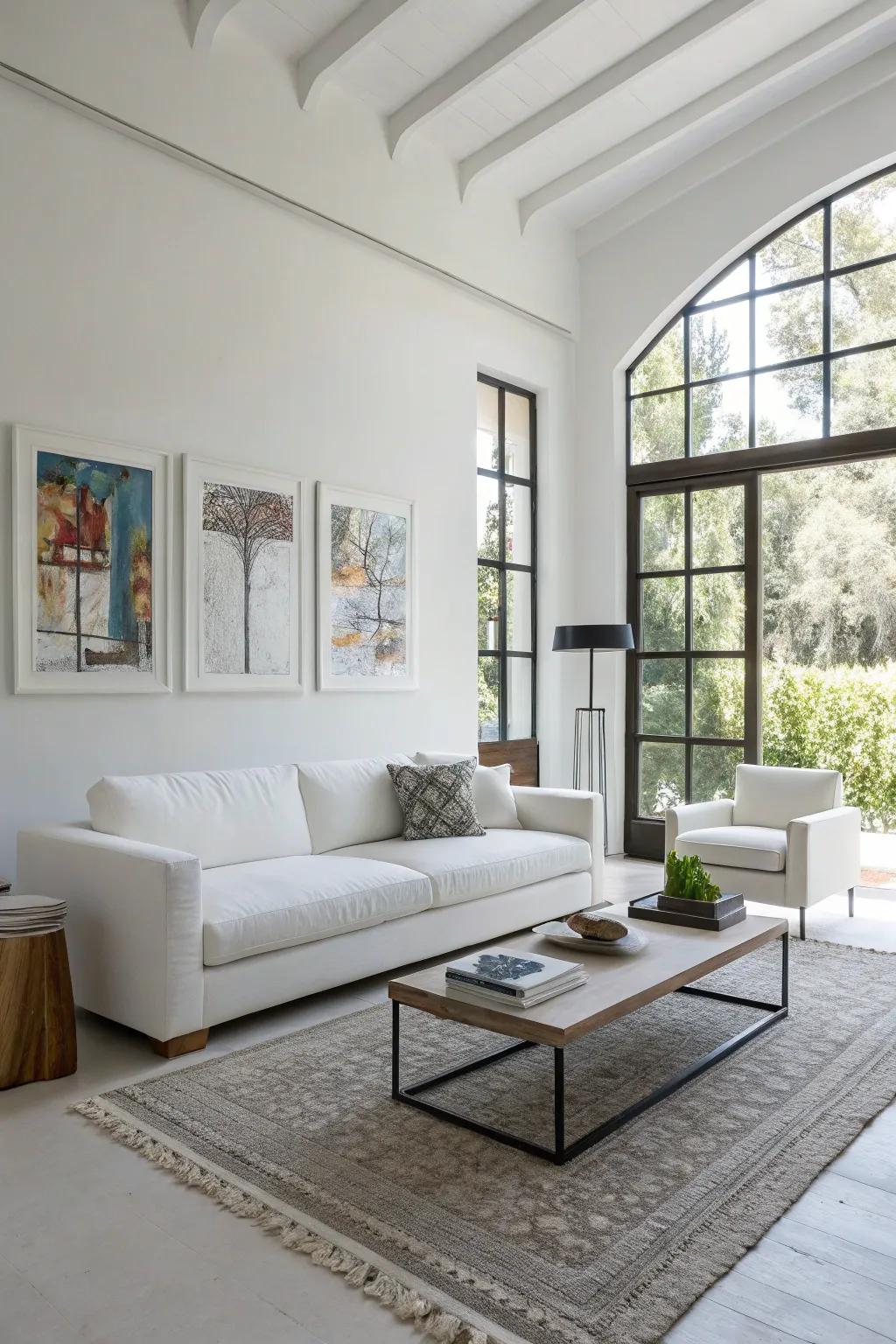 Minimalistic furniture fashions a neat impression in a white lounge.