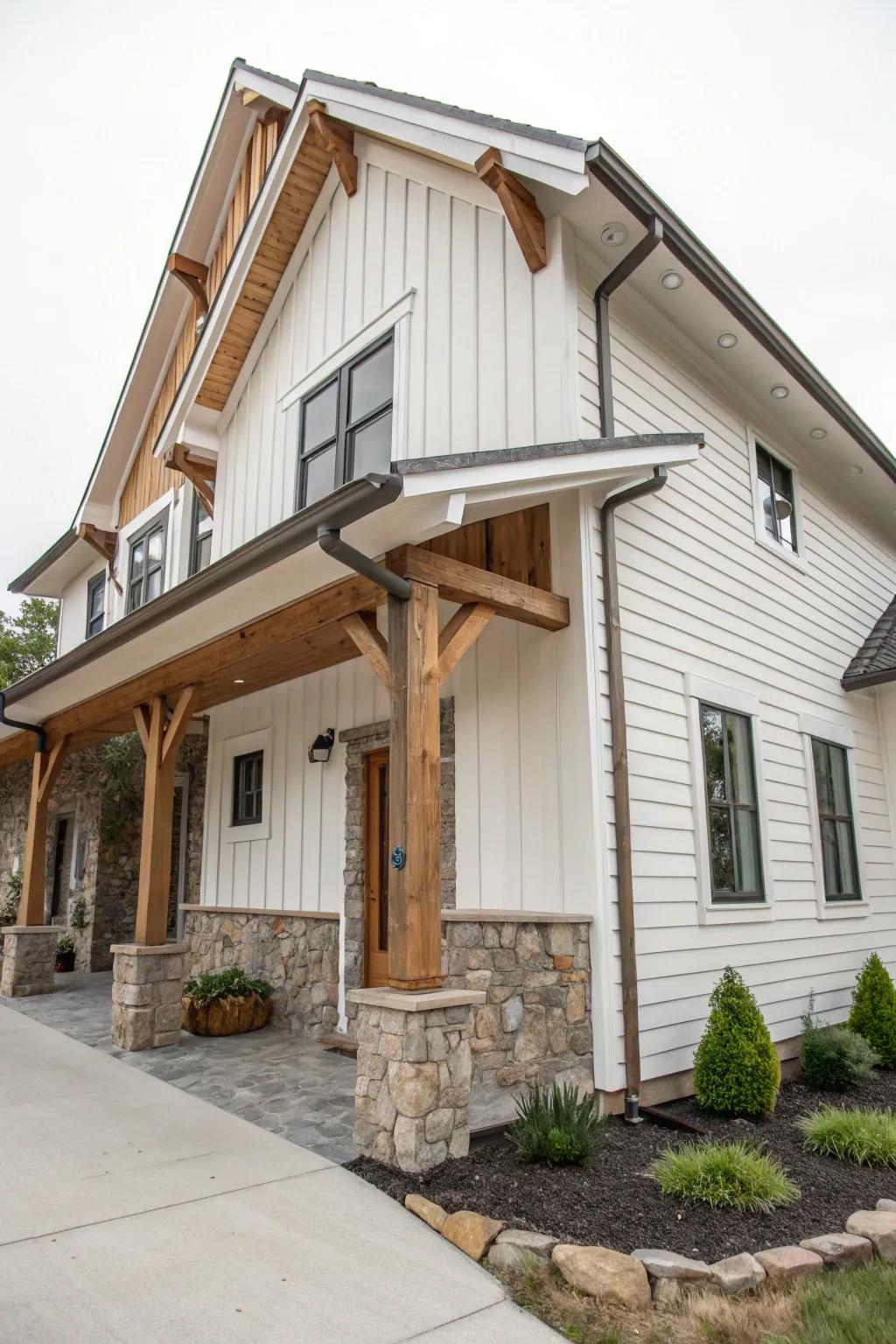 A pleasing mix of wood and stone items with white siding.