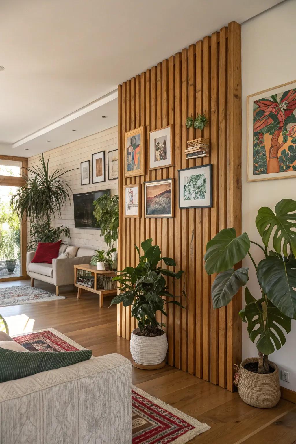 Enhance your space with a blend of art and organic elements on a wood slat wall.