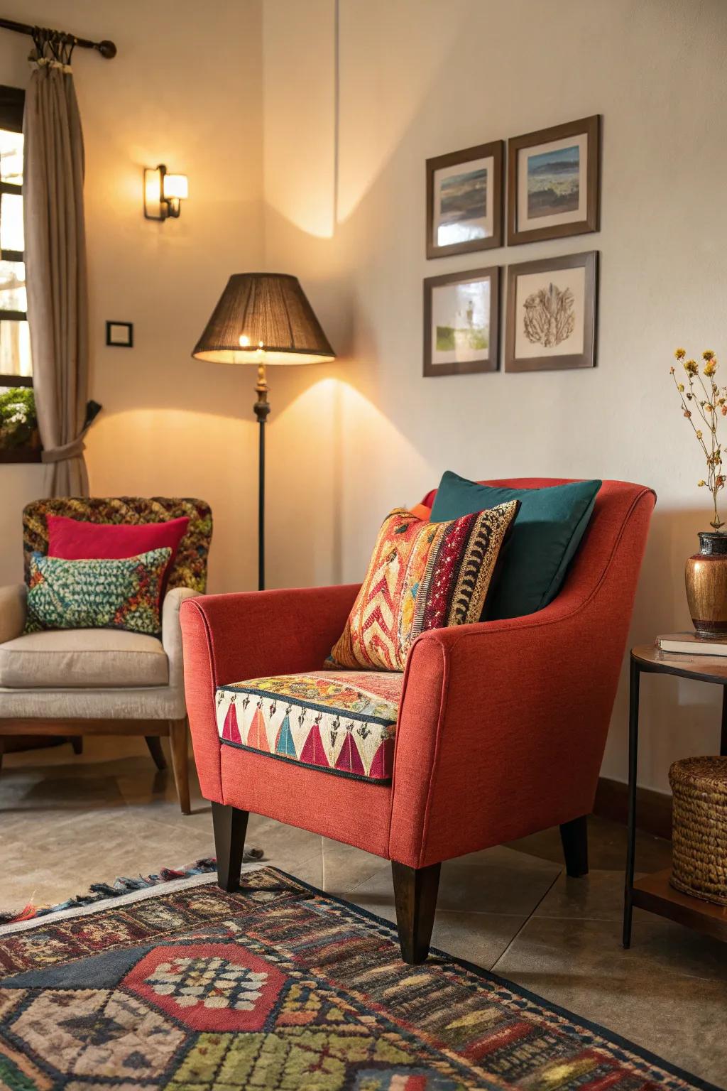 Bold accents infuse energy and dynamism to the space.