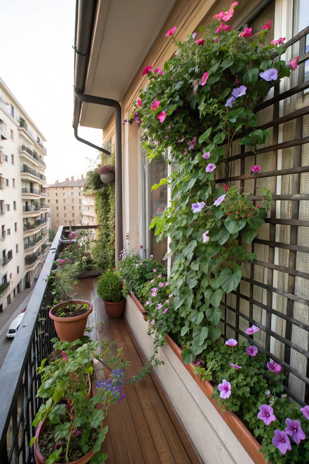 Urban balcony transformed into a lush vertical garden with Heavenly trumpets.