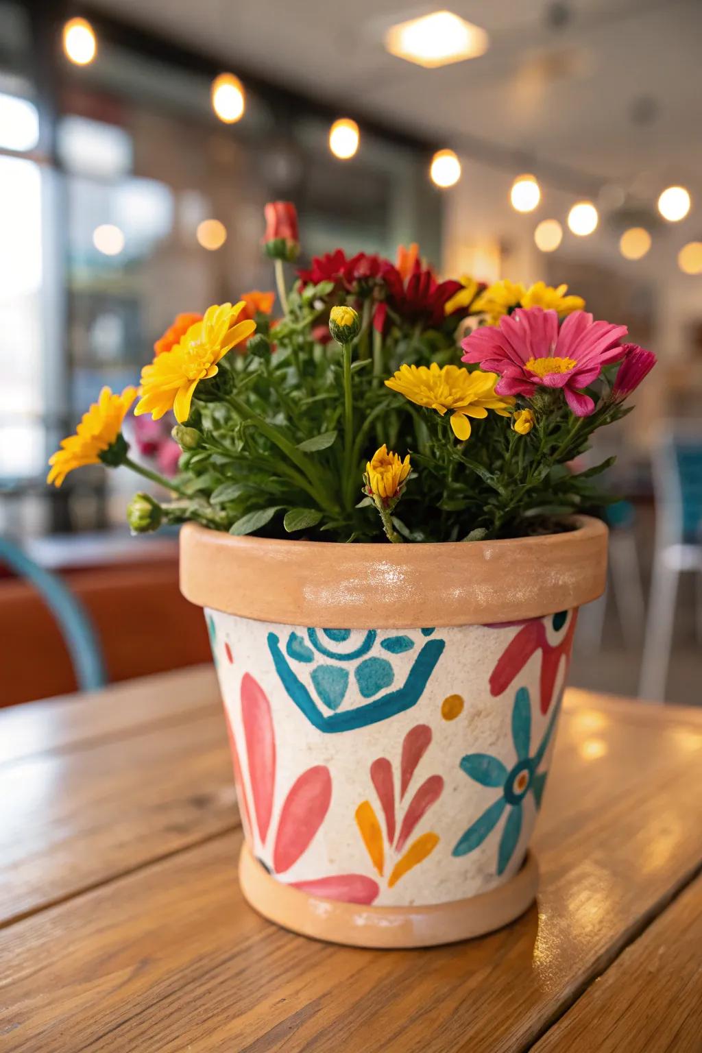 A brilliantly adorned earthenware container that injects color into any setting.