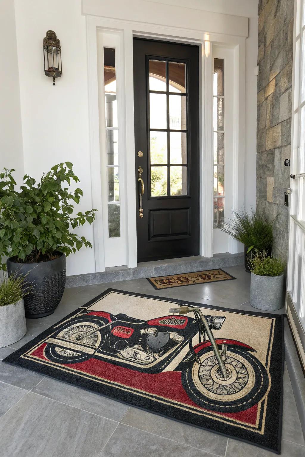 A personalized moto rug that gives style to the entryway.