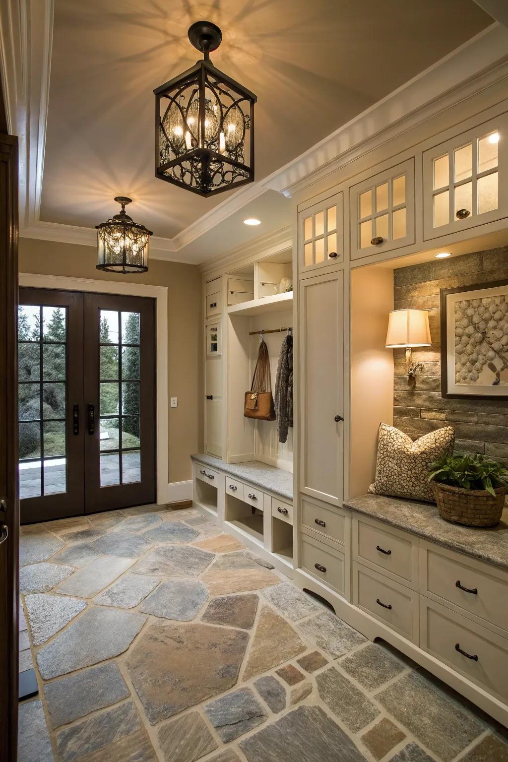 Natural stone flooring enriches any mudroom with enduring elegance.