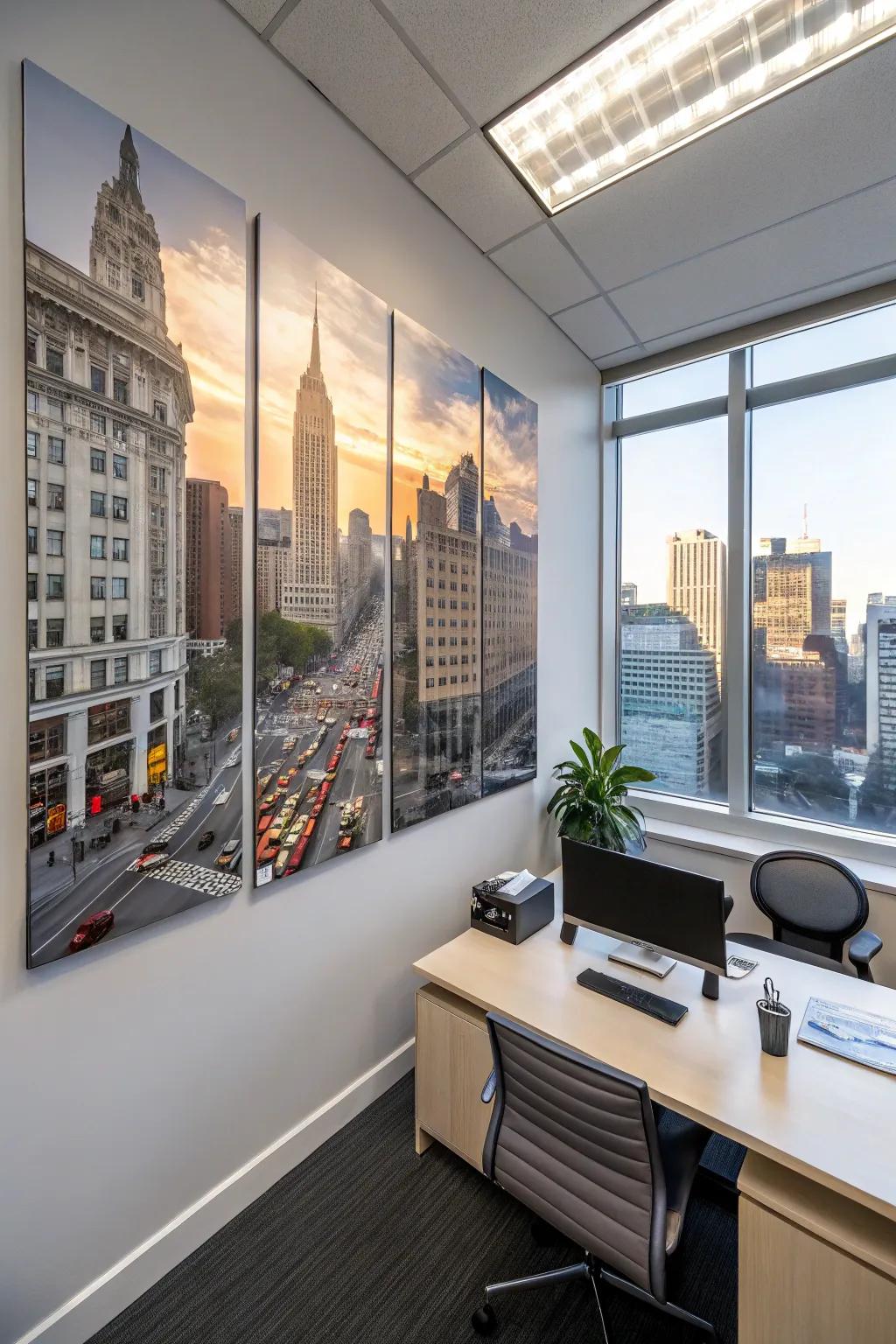 An empowering cityscape painting that fuels creativity in the office.