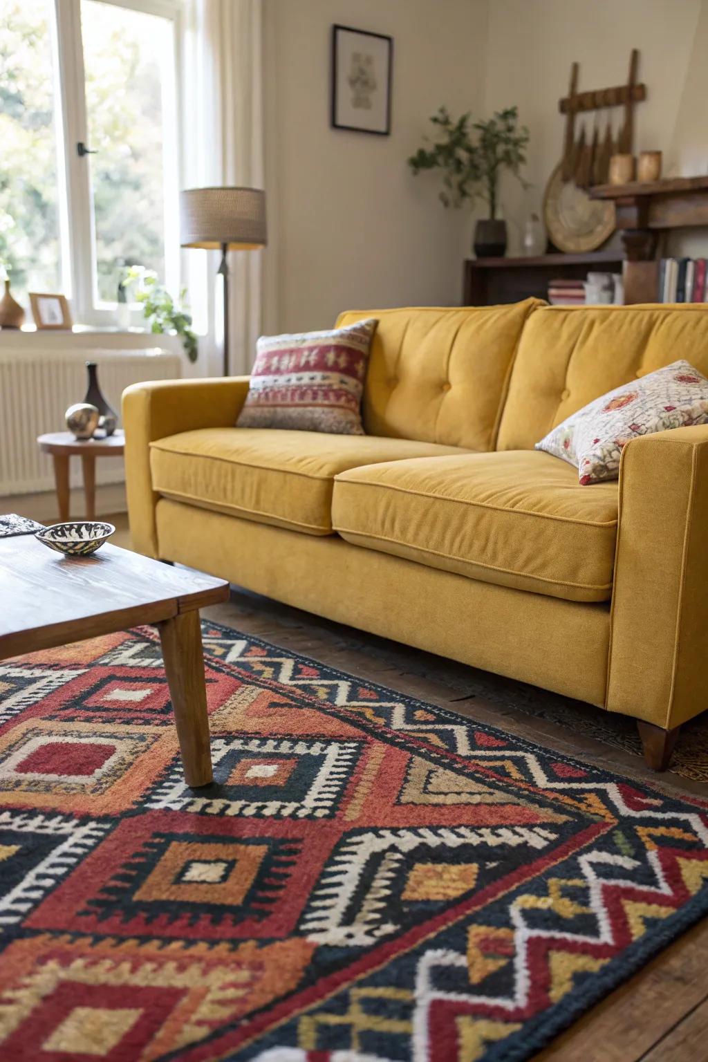 A striking rug design complements and grounds the room’s aesthetics.