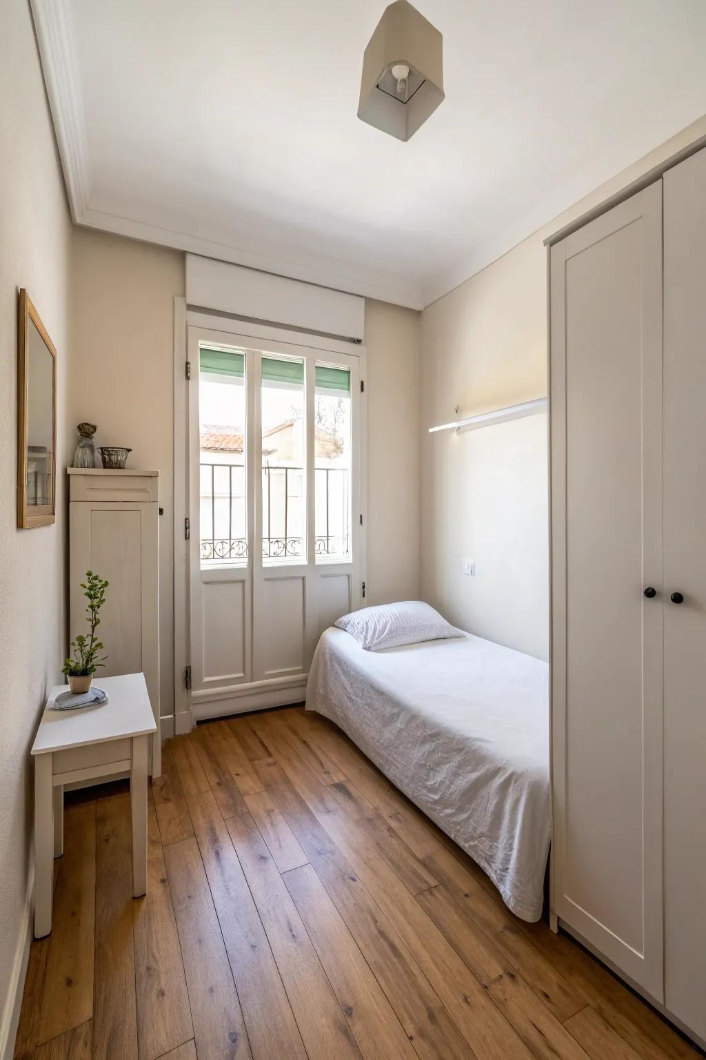 Minimalist decor retains an open and uncluttered sensation in a constricted bedroom.