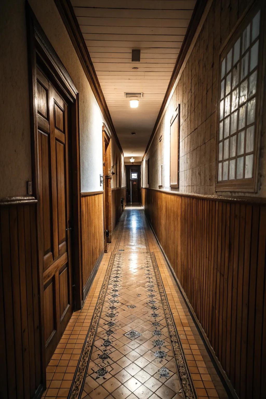 Blended materials introduce dimension and interest to slender hallway surfacing.