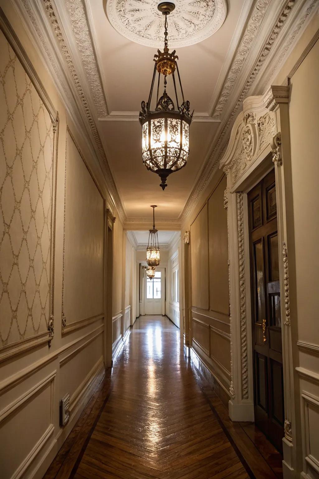 A chandelier introduces a sophisticated aspect to narrow hallways.