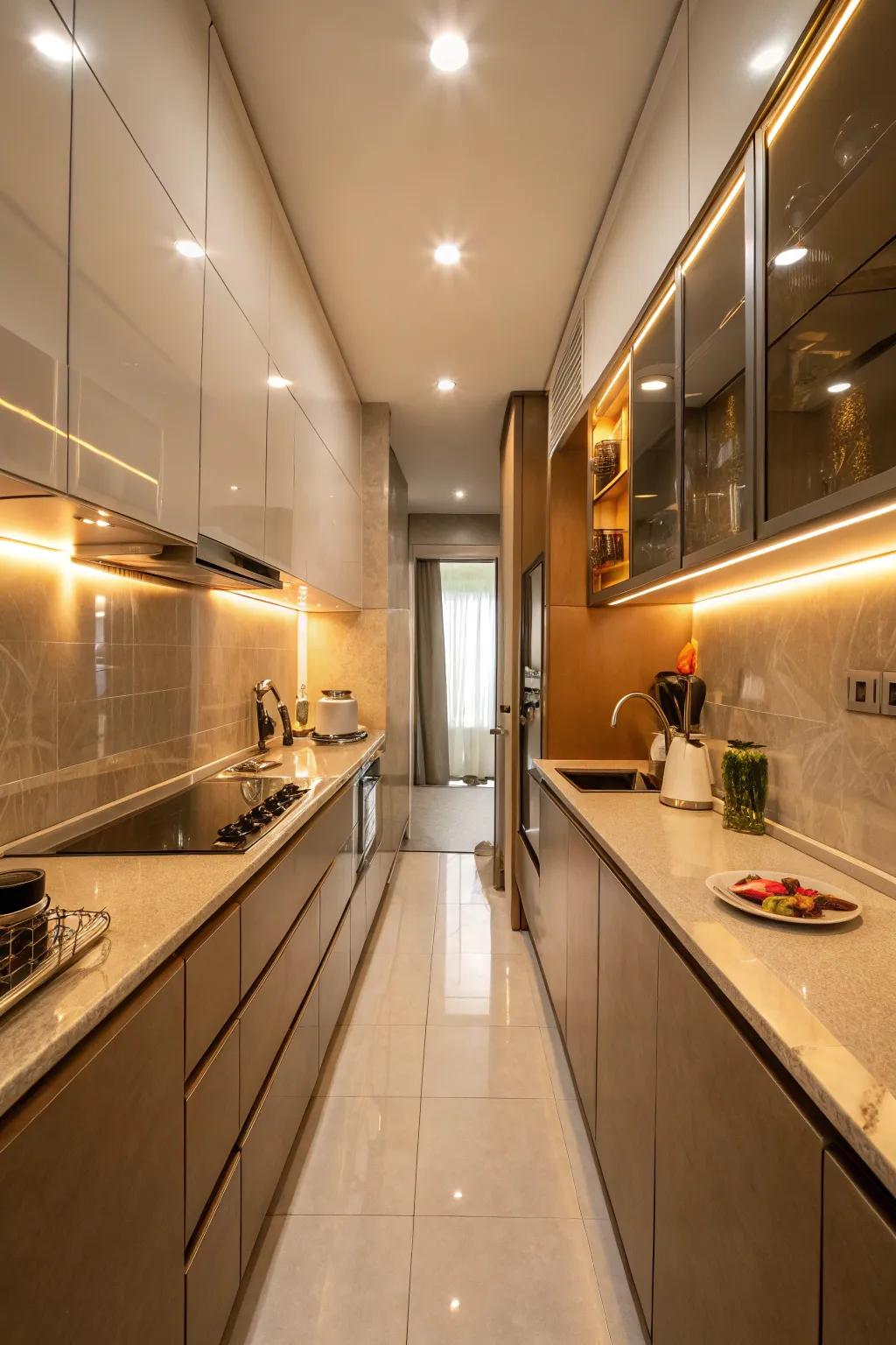 Reflective surfaces incorporate magnitude and radiance to a narrow kitchen.