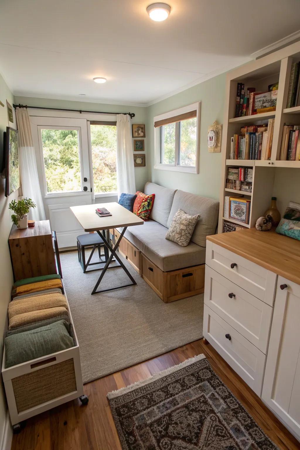 Furniture with multiple functions optimizing the space in a compact living area.