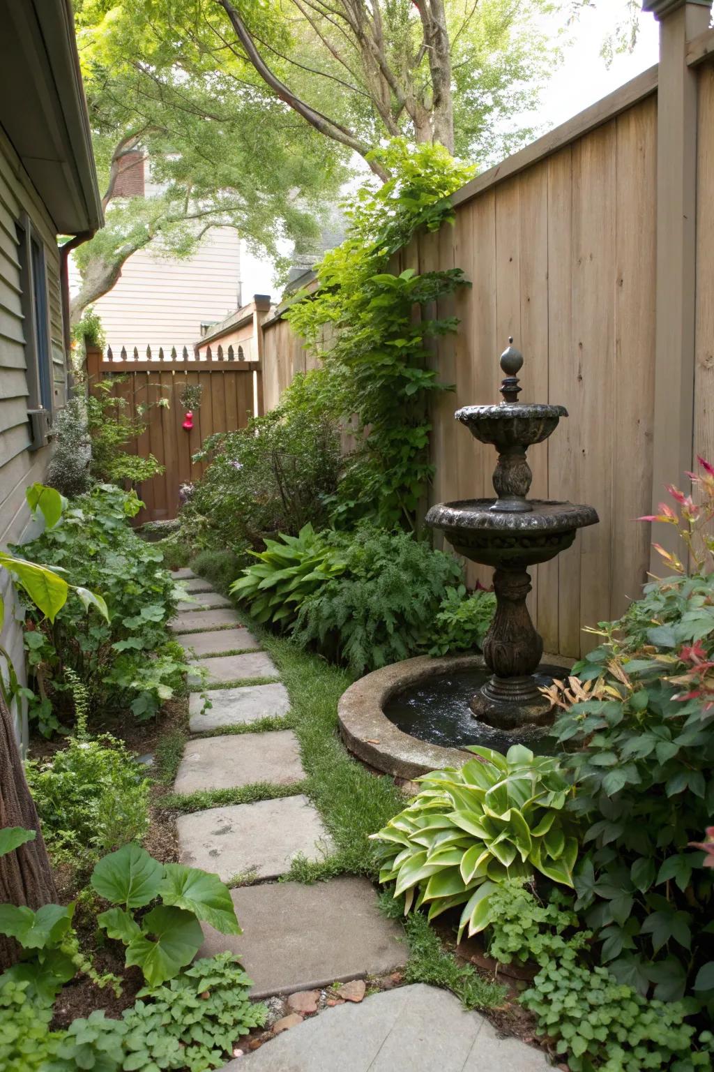 A water element adds a tranquil aspect to narrow spaces.