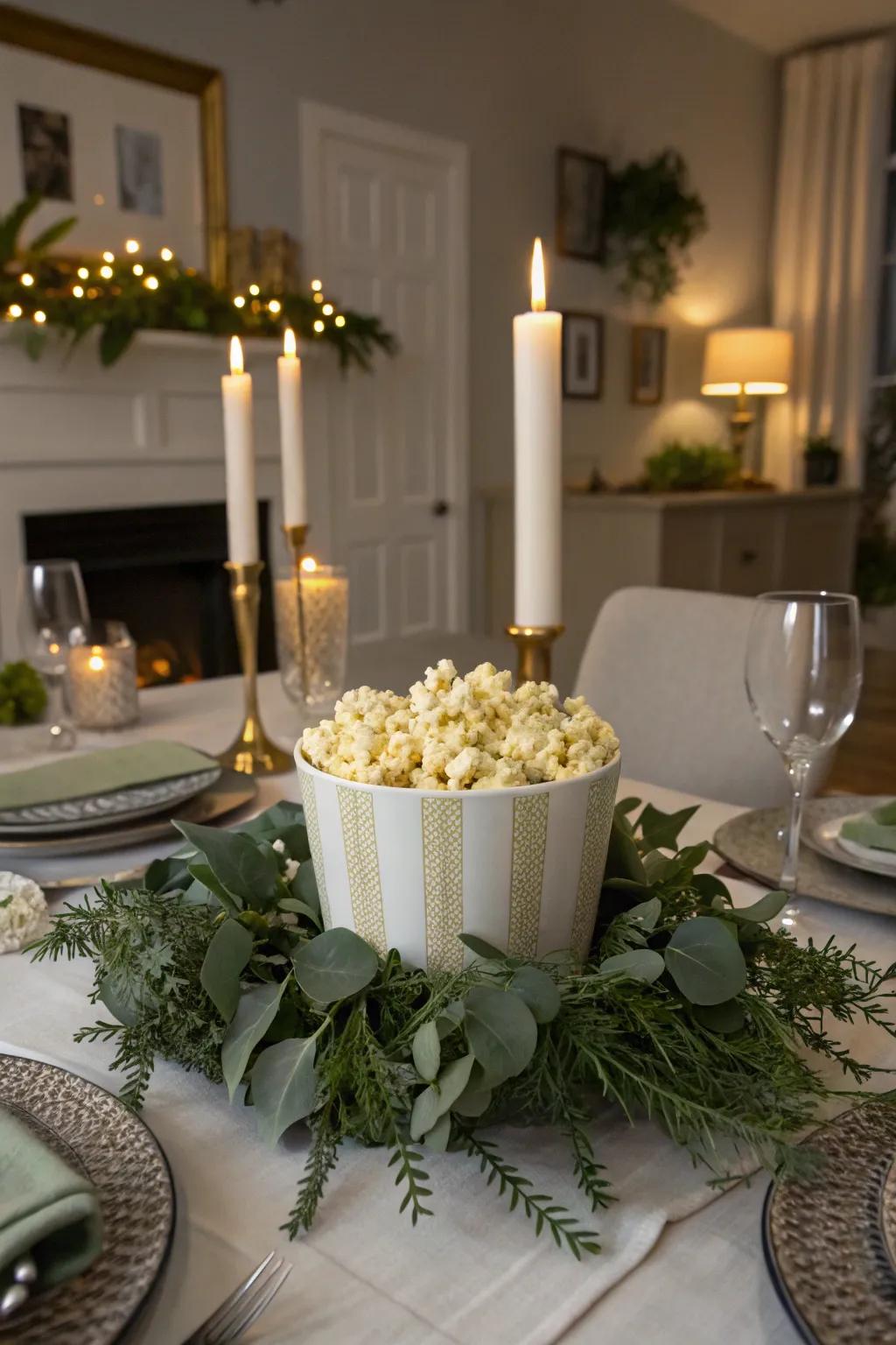 An elegant popcorn central ornamental piece enhancing a dining surface.