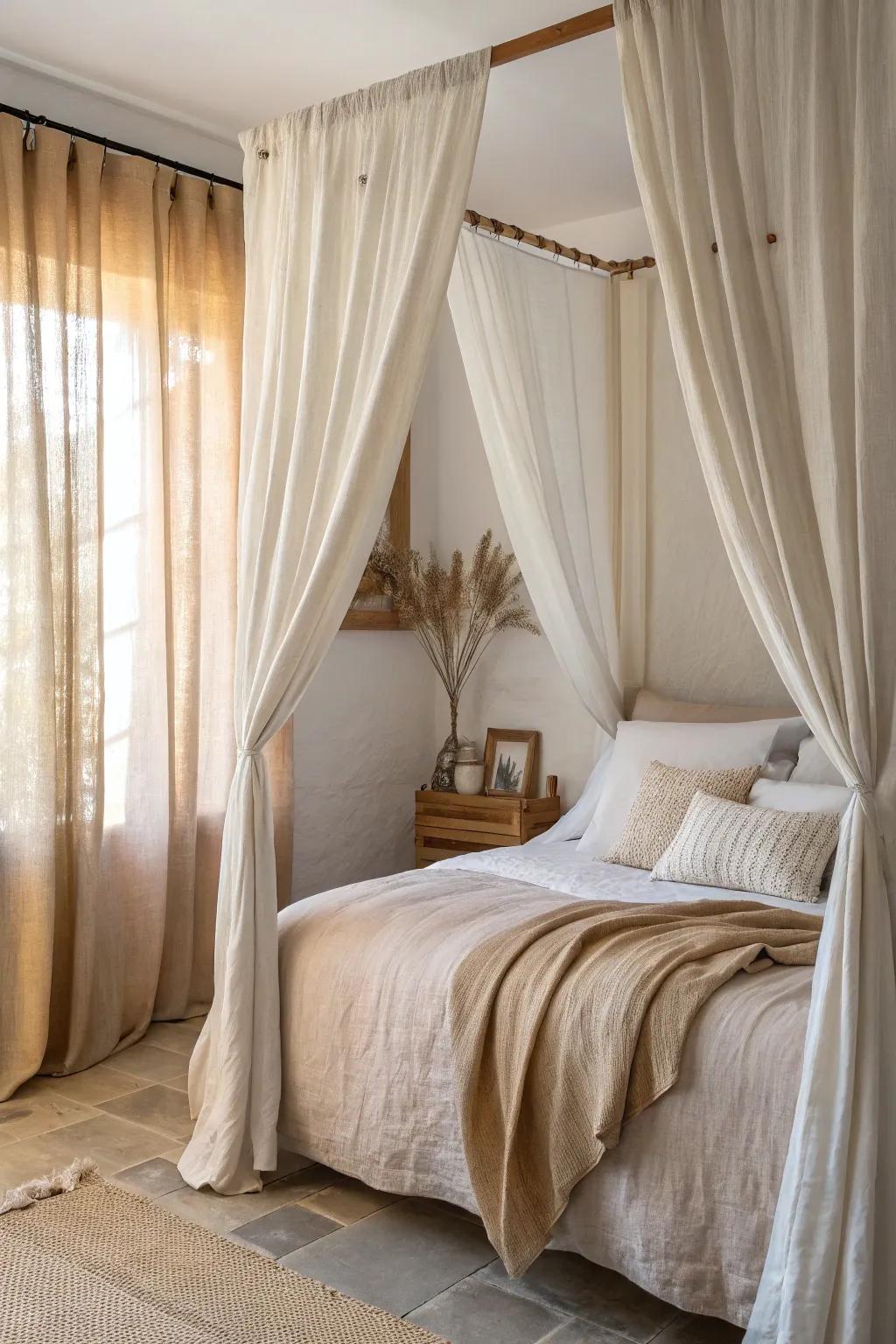 Natural materials like linen and cotton enhance this bedroom's theme.