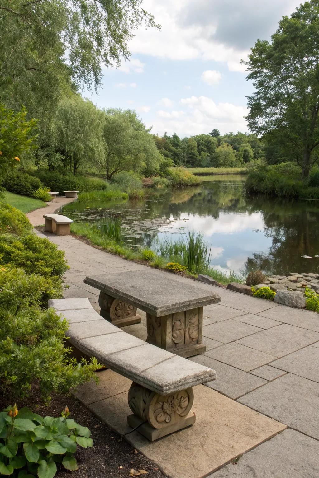 A serene seating space ideal for relishing the tranquil water garden milieu.