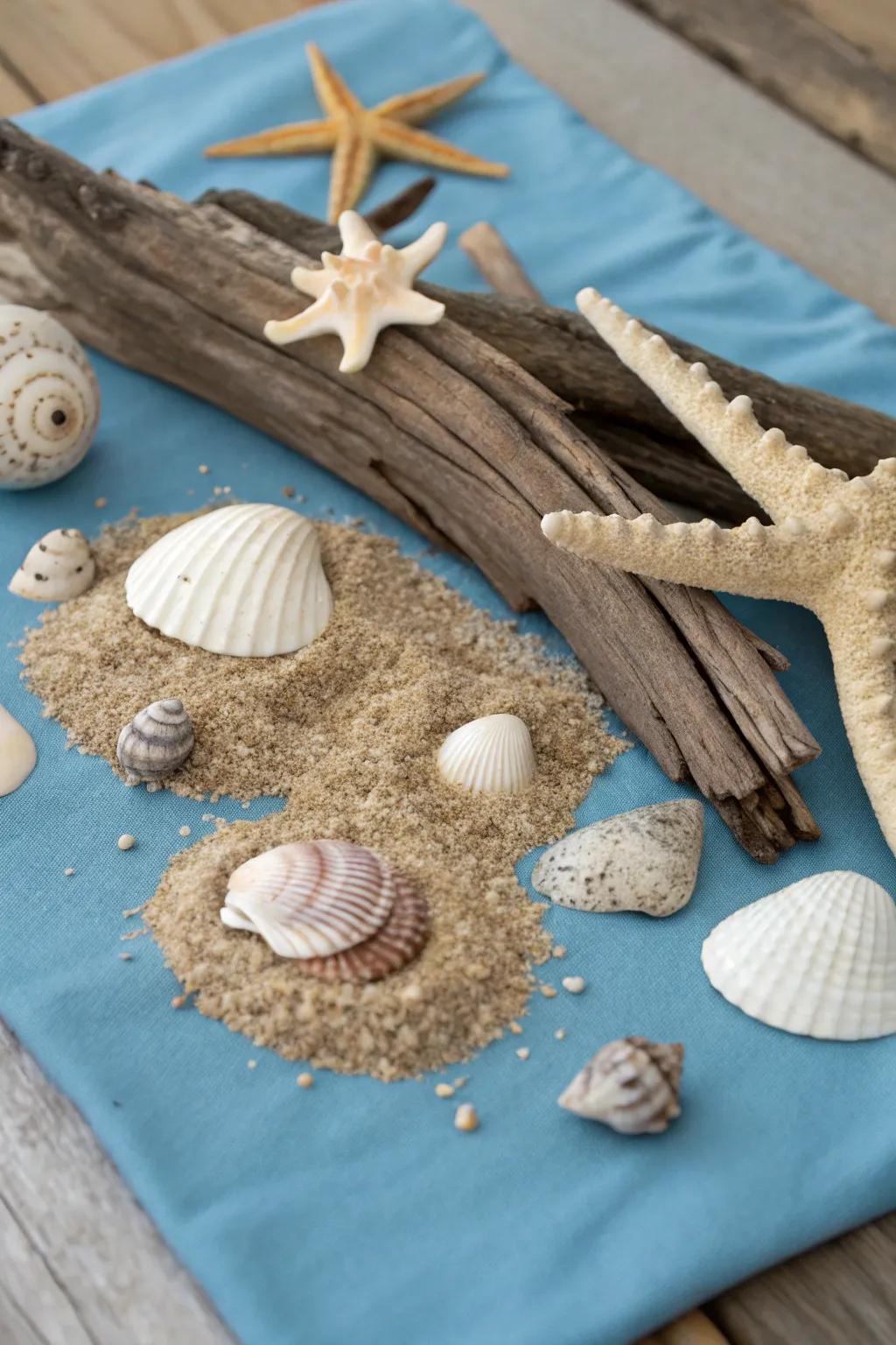 A seaside-inspired collage featuring shells and aquatic timber.