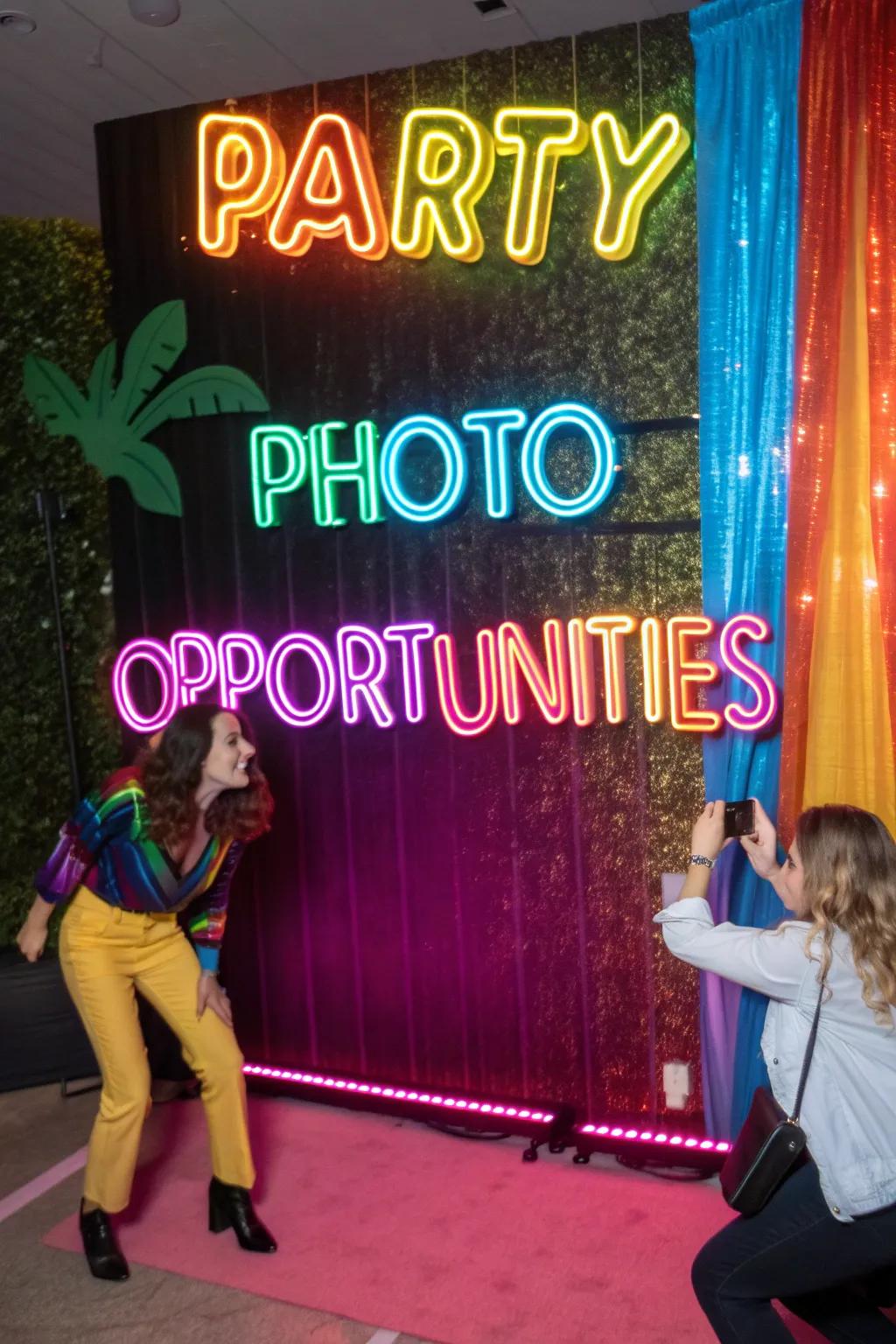 A radiant-colored backdrop with vibrant phrases, ideal for capturing memorable party photos.