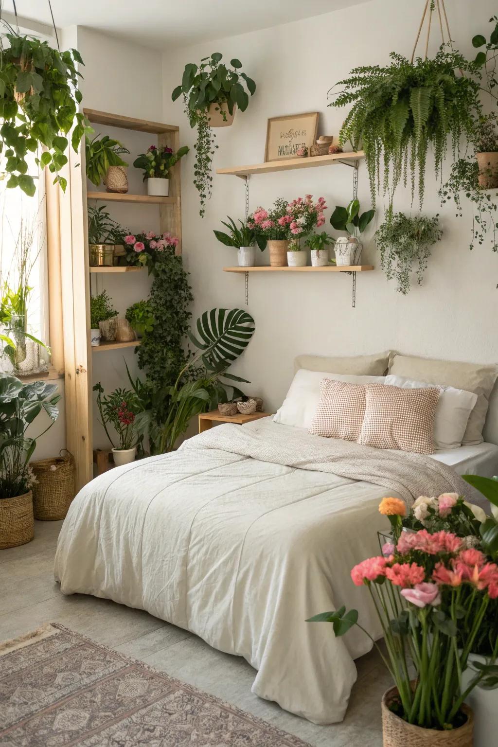 Greenery adds a revitalizing and lively effect to the bedroom.