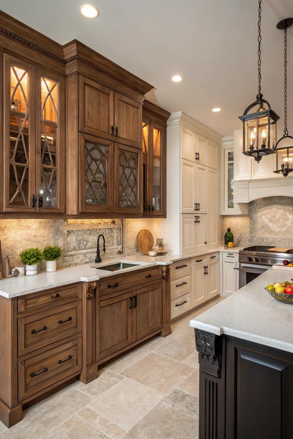 A kitchen with a harmonious mix of cupboard styles.