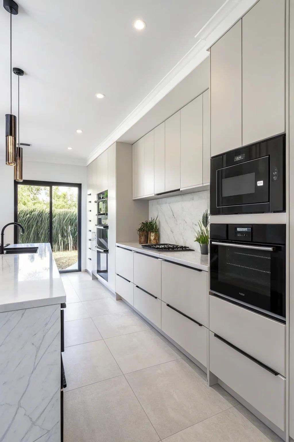 A kitchen featuring minimalist cabinetry, delivering a crisp and current style.
