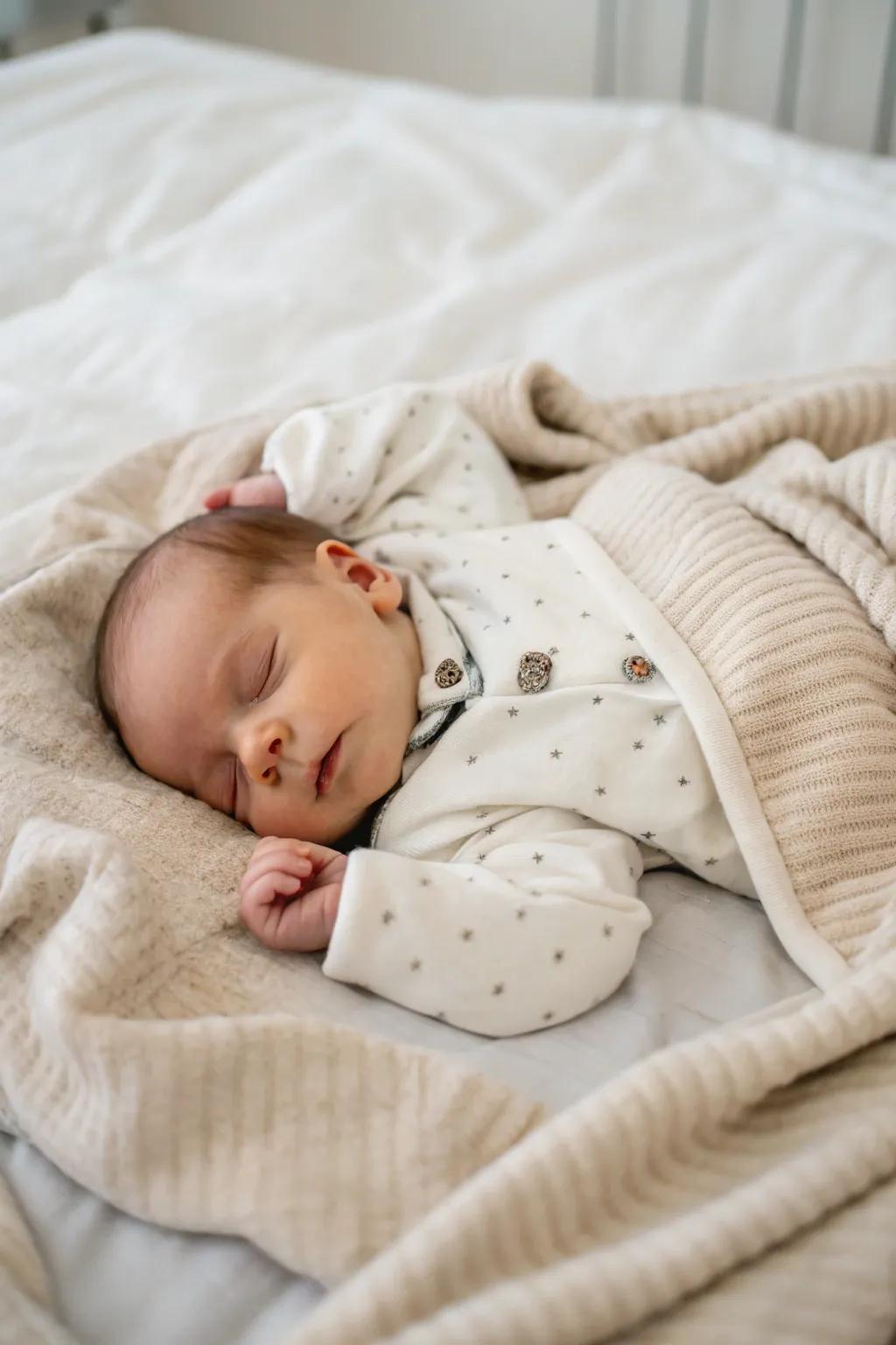 A serene and classic newborn photograph in neutral tones.