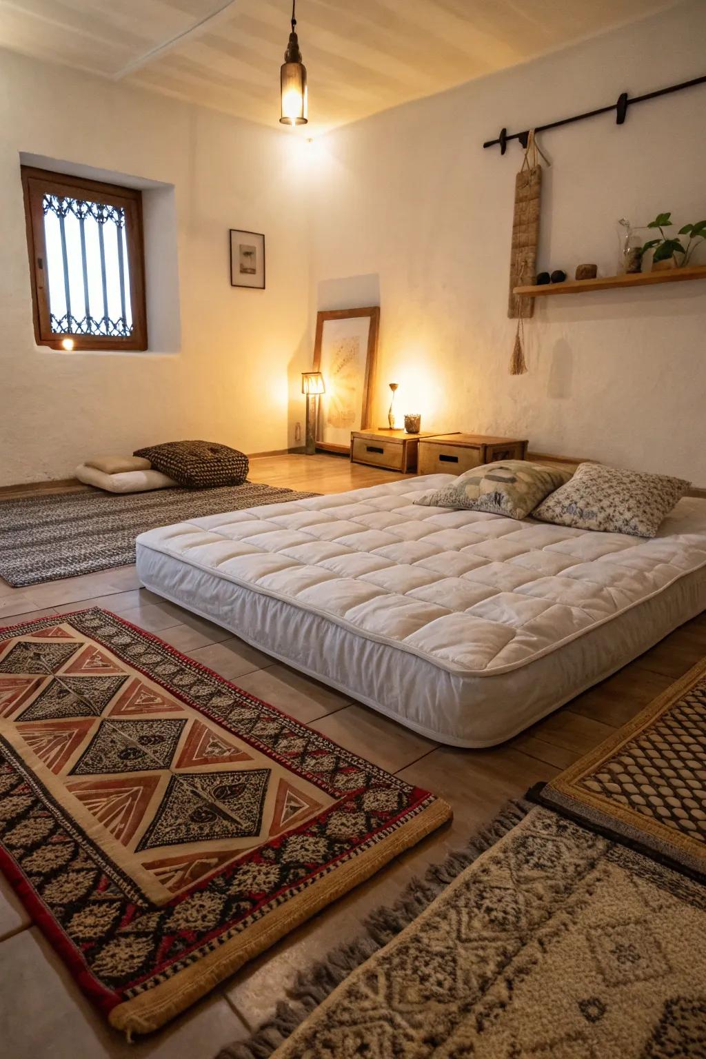 Tiering of rugs helps to define and warm up your sleeping zone.