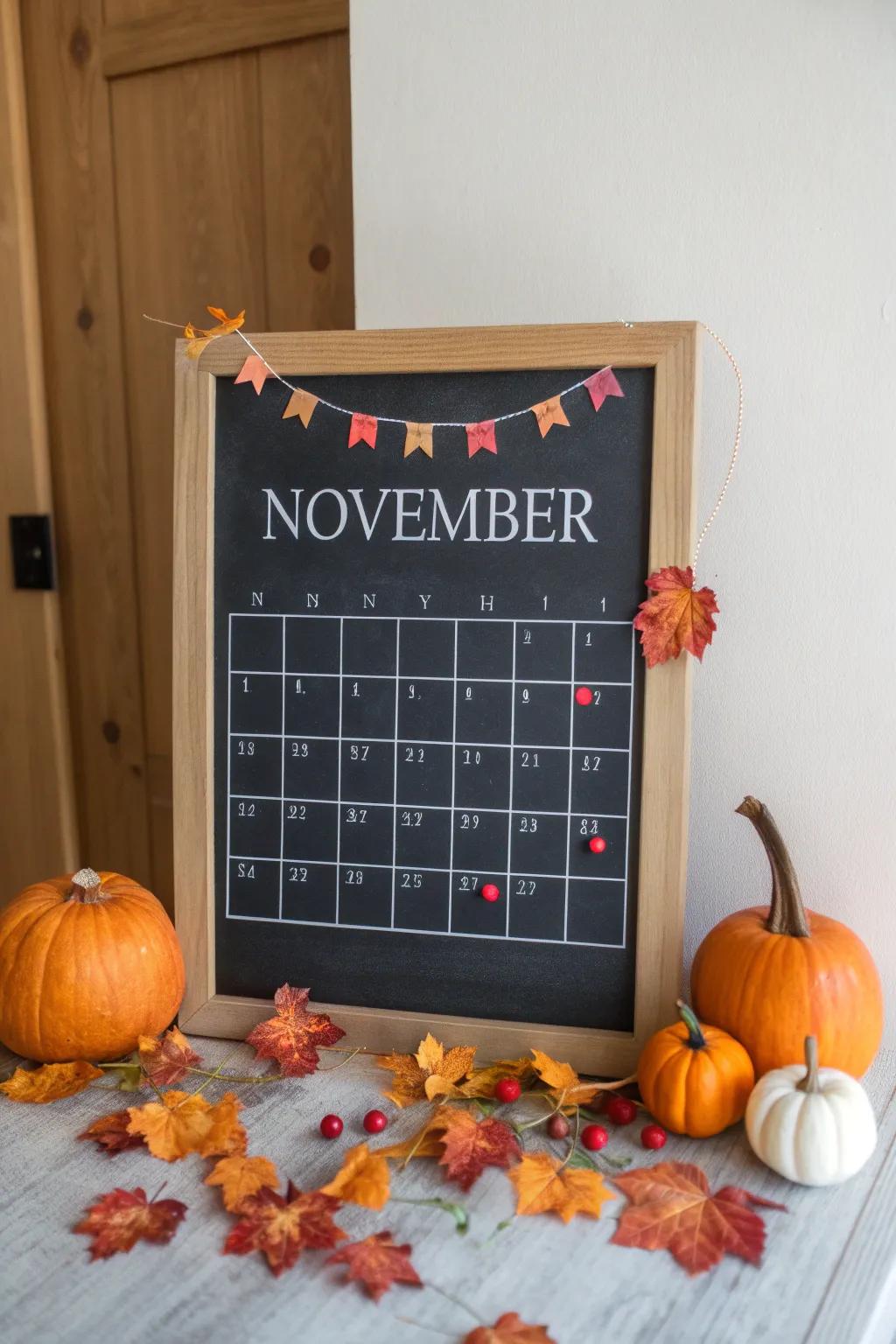 A decorative and practical eleventh month planner chalkboard.
