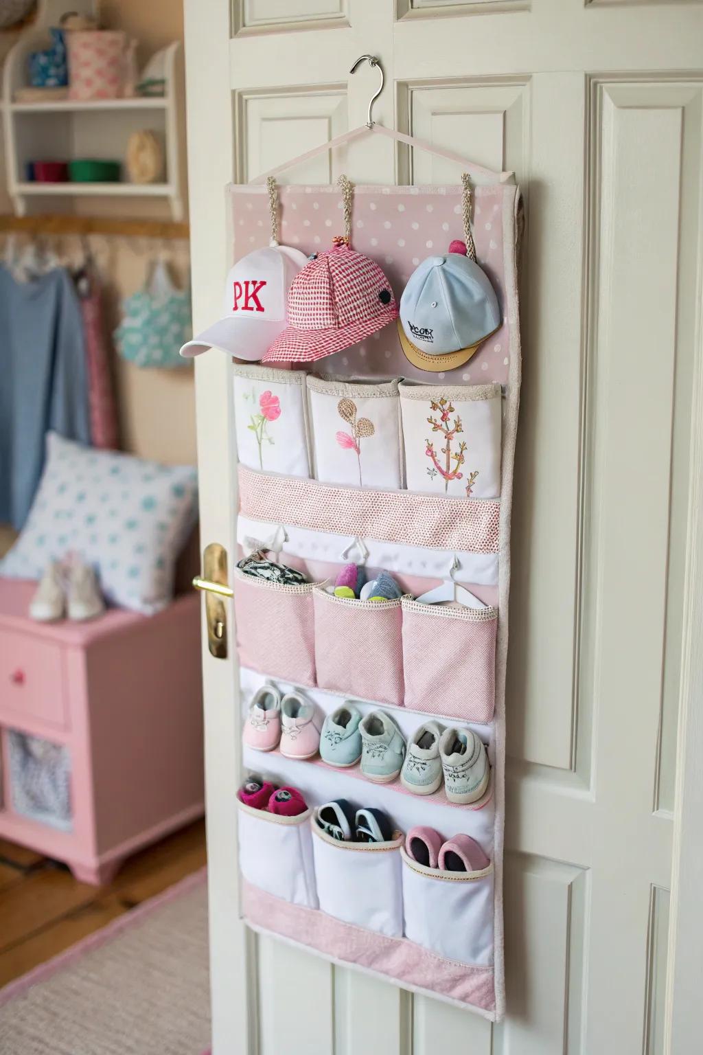 An over-the-door organizer in the nursery for additional storage.