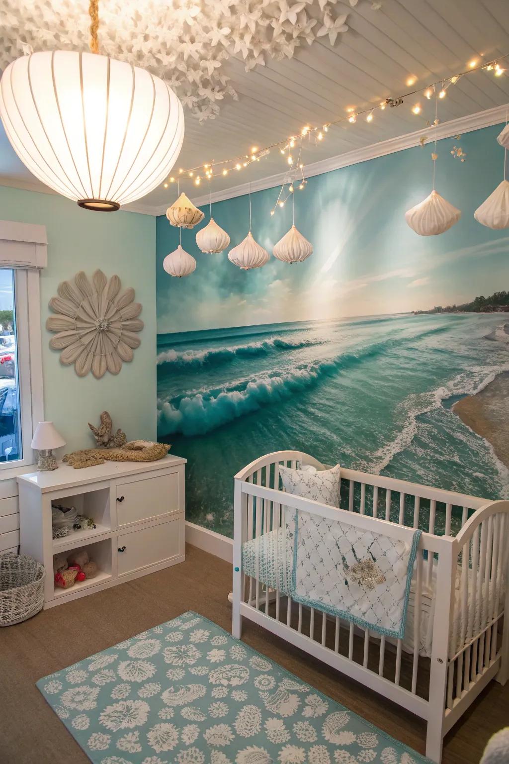 An ocean-inspired nursery featuring calming hues and sea-themed ornamentation.