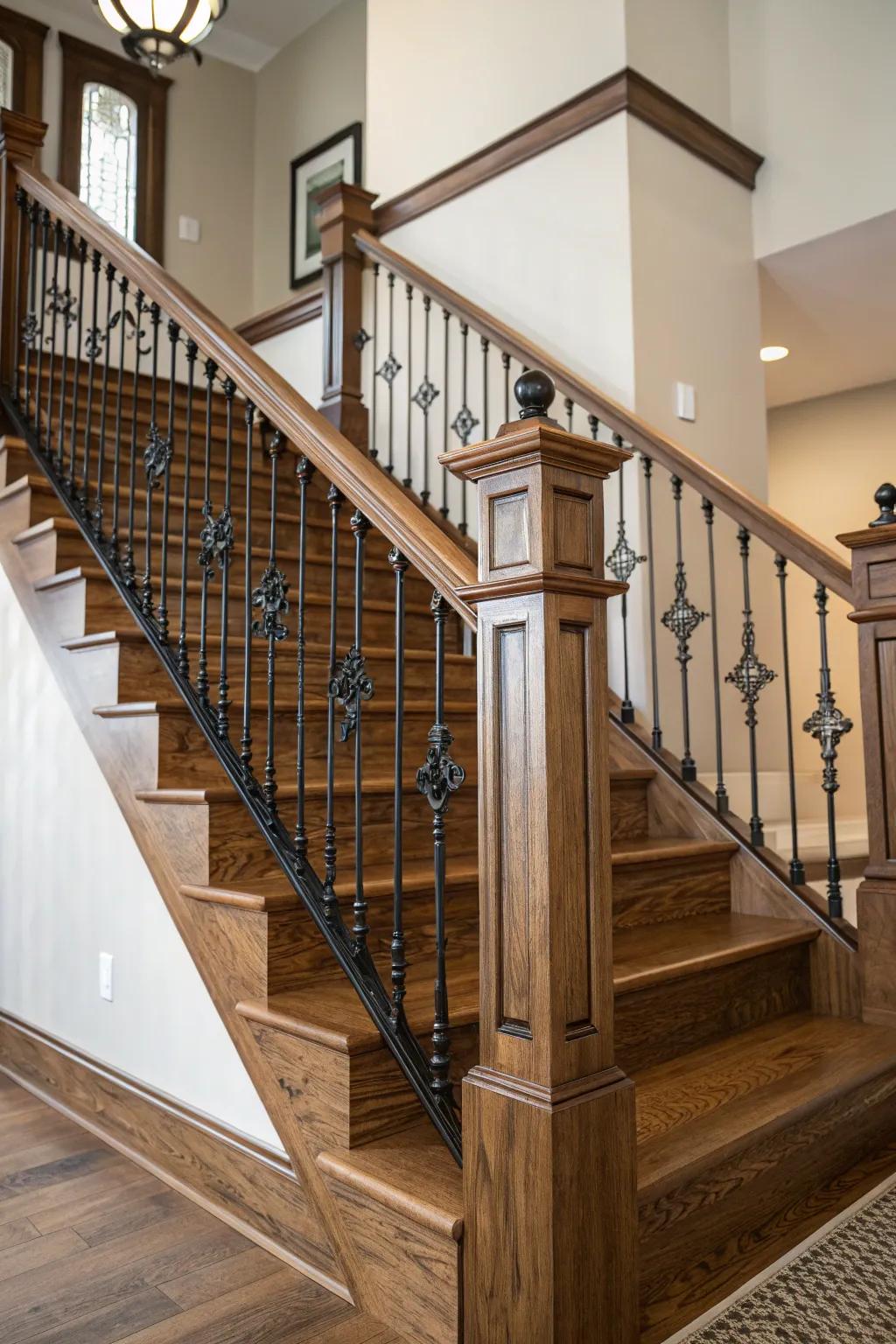 A unique blend of metal and maple in staircase posts.