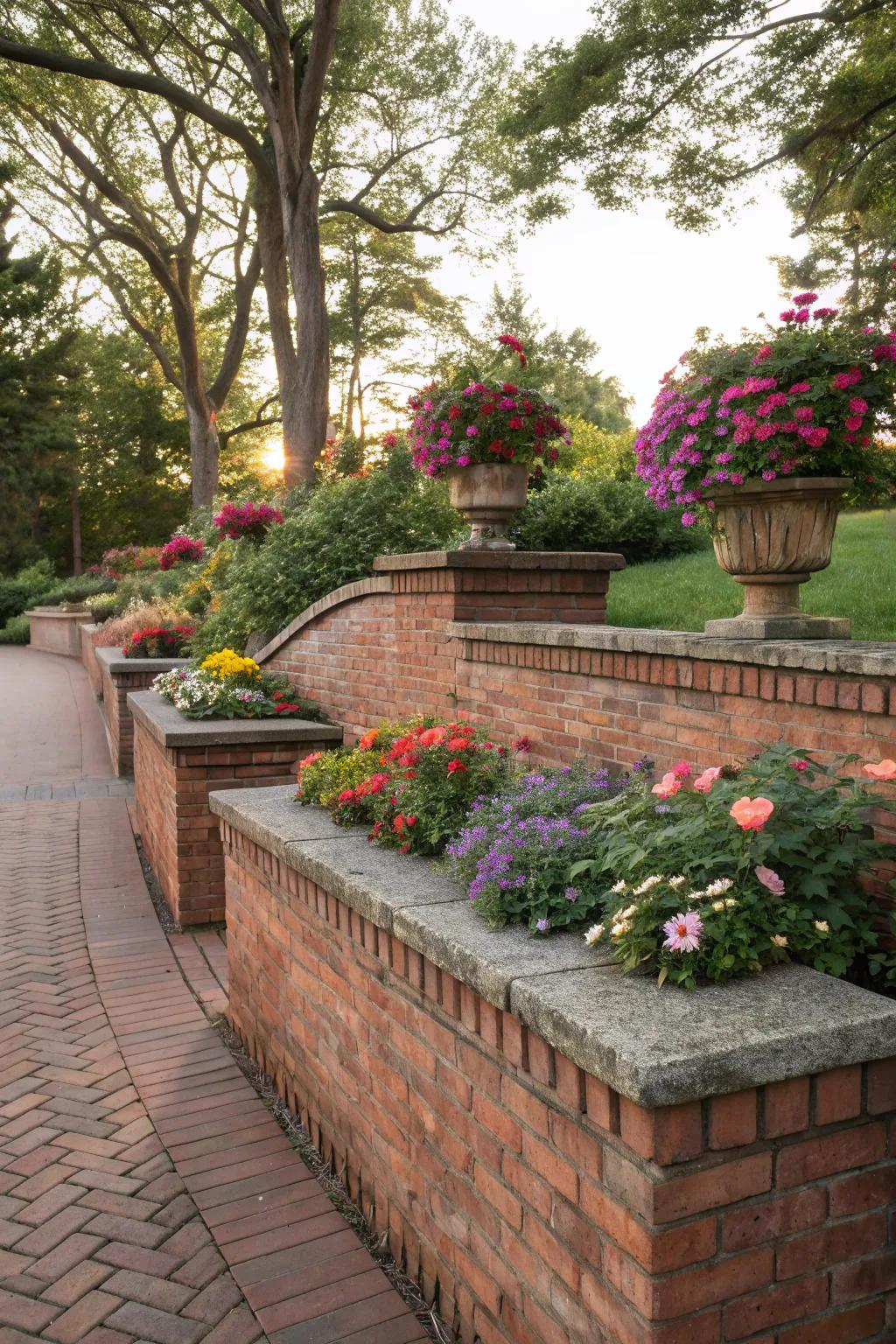 A seating wall with planters adds function and beauty to the patio