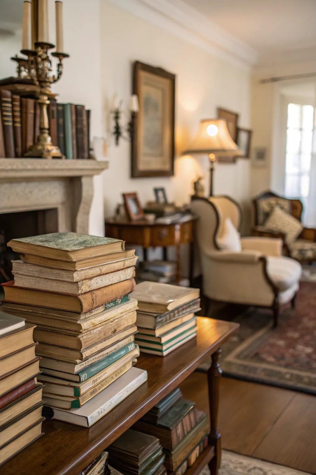 Vintage books add intellectual charm to the décor.