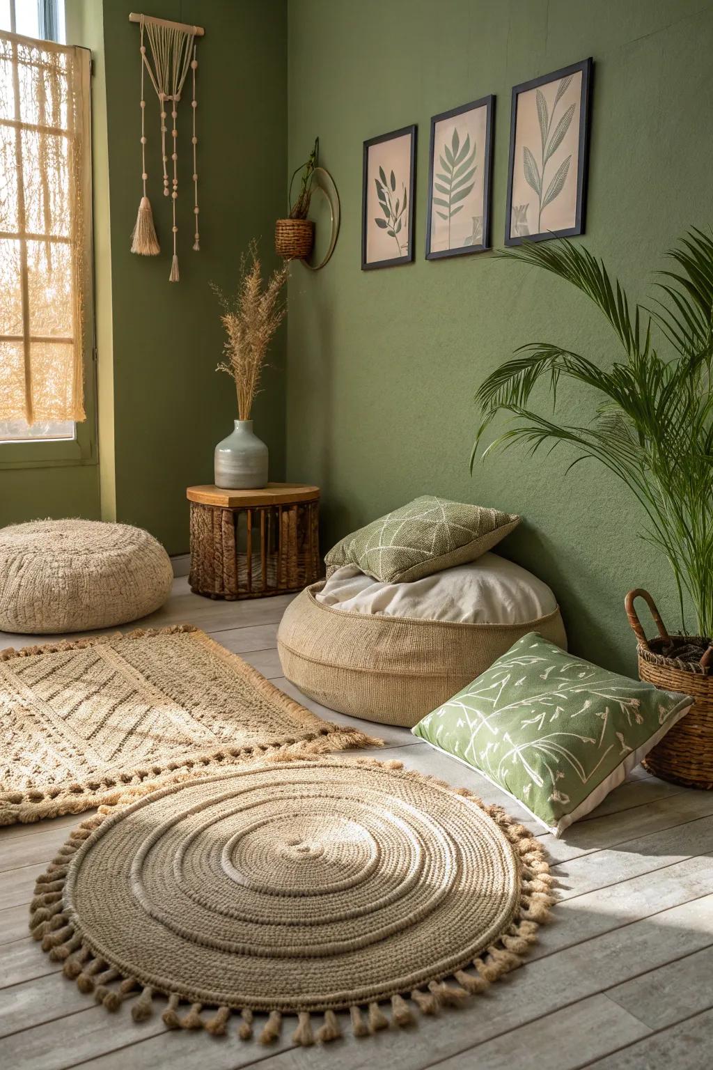 Textural components amplify the coziness of leafy green walls.