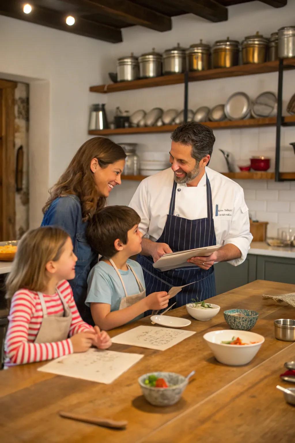 A family learning and enjoying a cooking class together.